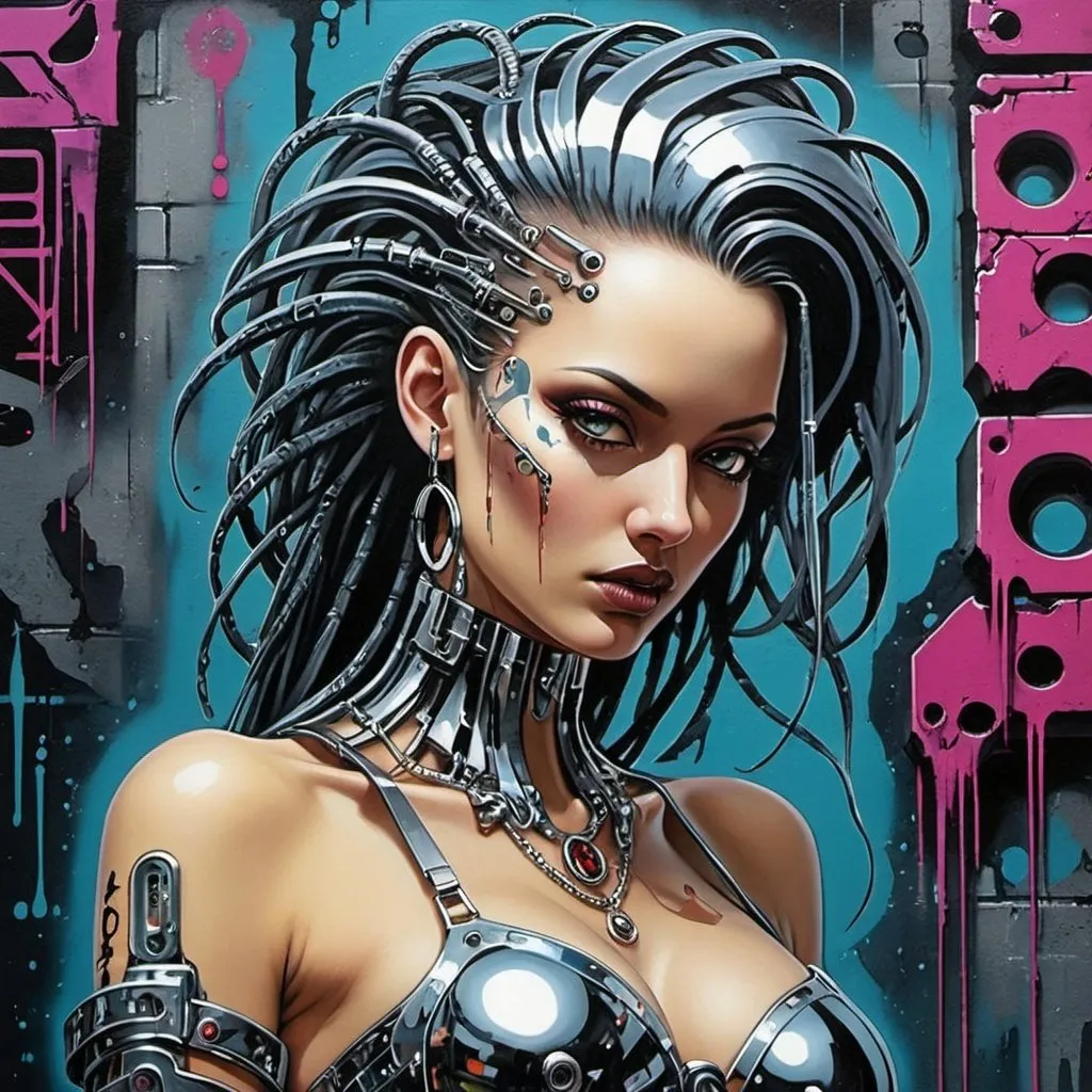 Prompt: Sedusa Adornment graffiti art print cyberpunk chrome 
