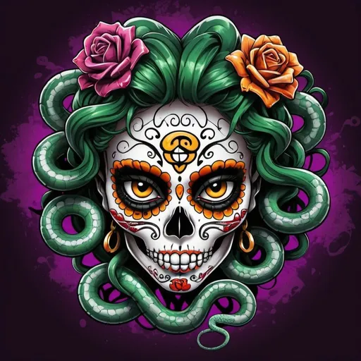 Prompt: Graffiti logo Medusa sugar skull with snake hair graffitti backround 