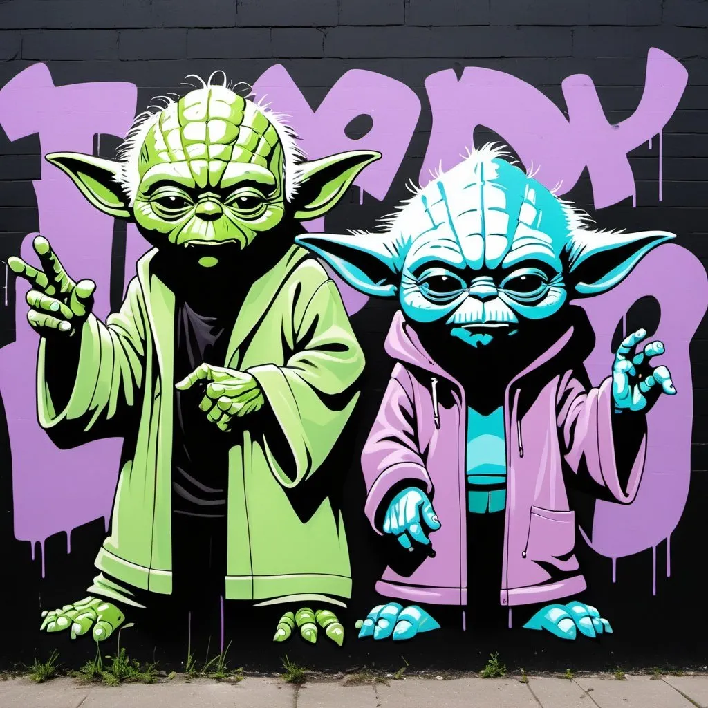 Prompt: Pastel purple whote and pastel green pastel blue graffiti charachters on a black wall backround freddy crugar and jason muscular yoda gangsters extrsterestrial being pastel colored 