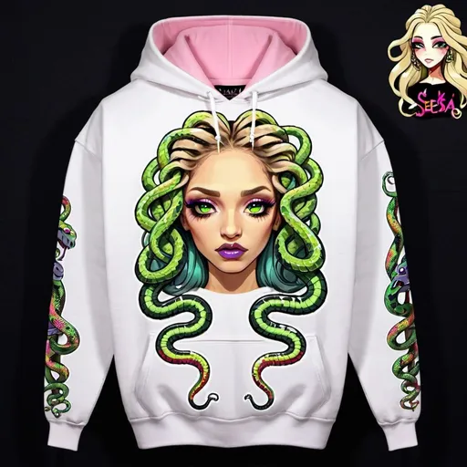 Prompt: Graffiti medusa microbraided blonde long multicolored snake hair cartoon print charachter on a hoodie - sedusa adornment