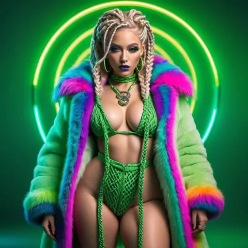 Prompt: Neon cyberpunk medusa microbraided blonde and rainbow hair revealing extra large cleavage full lips
with high heel shoes wearing a matching fur coat and enchanting revealing matching outfit exotic pose on a solid green backround