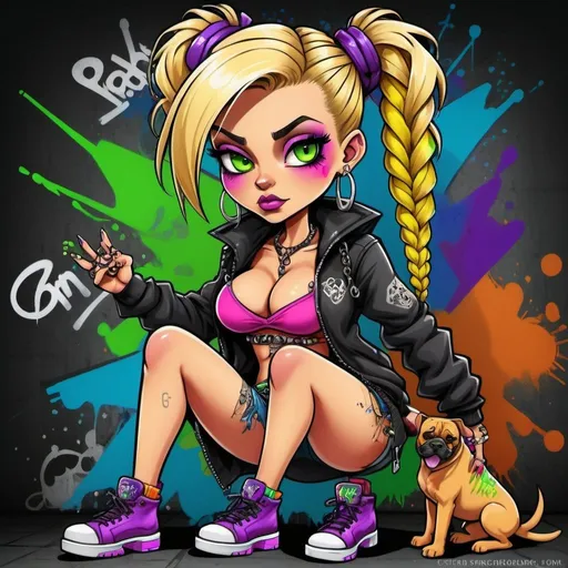 Prompt: A gangster ghetto blonde cartoon characture rainbow multicolored microbraided hair female with green eyes revealing extra large cleavage  a presa canario dog spraypaint and neon purple green yellow pink red blue orange multicolored graffiti outfit and shoes gothic punk steam punk emo exotic classy gangster stylish original graffiti tech touch graffitti backround 
