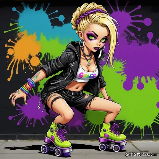 Prompt: A gangster phsyco ghetto cartoon characture blonde rainbow multicolored microbraided hair female with green eyes revealing extra large cleavage on rollerskates spraypaint and neon yellow  purple pink green ed blue purple multicolored graffiti outfit and shoes gothic punk steam punk emo exotic classy gangster stylish original graffiti tech touch graffitti black backround 
