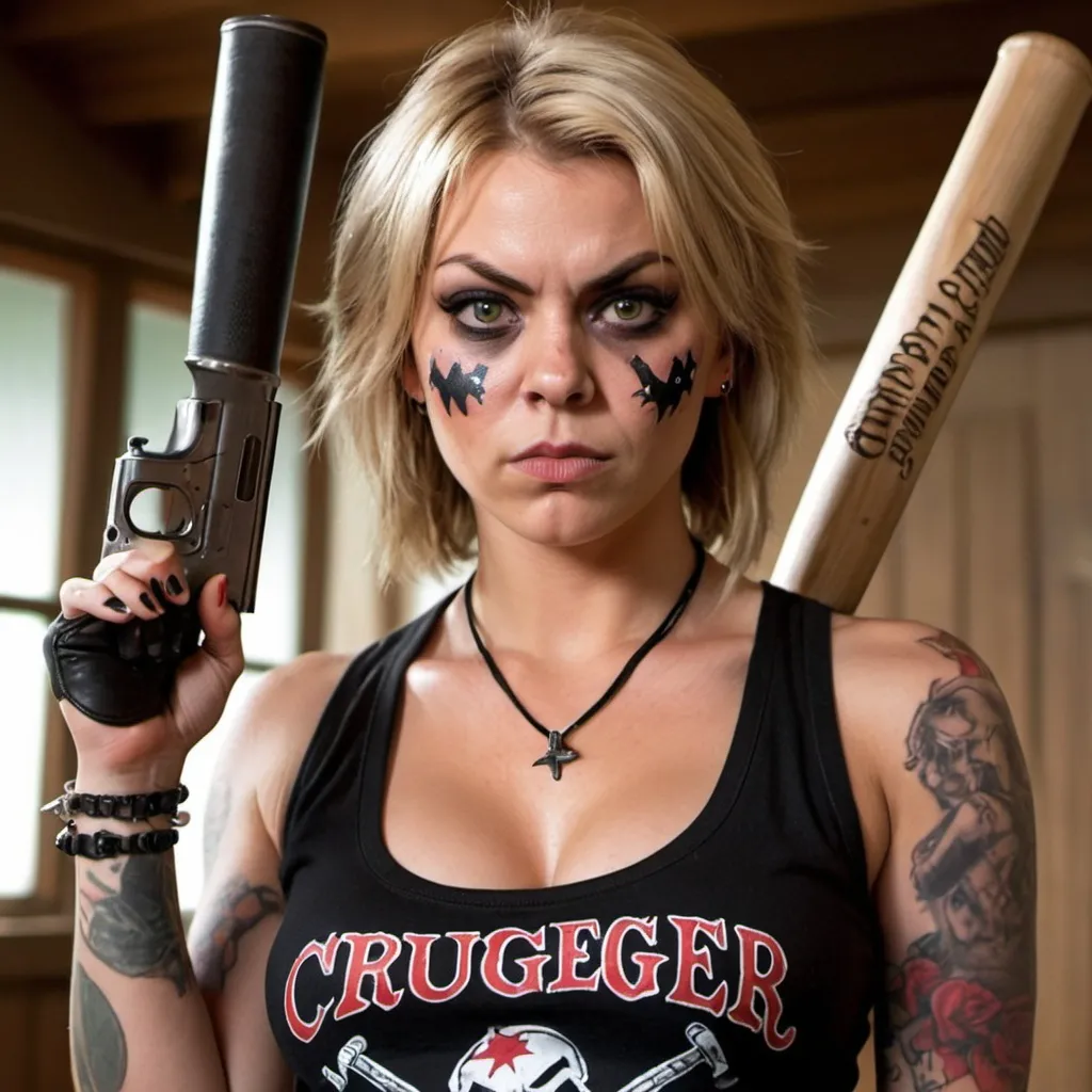 Prompt: Blonde female showing cleavage and tattoos wearing a black tank top and black and white bandana over the bottom half of her face  a hand gun, a spiked baseball bat a 
Presa canario Freddy cruger, chucky  and jason  