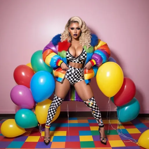 Prompt: Rainbow medusa microbraided blonde rainbow long designer hair revealing extra large cleavage full lips
with high heel shoes wearing a matching fur bomber jacket and enchanting revealing matching outfit exotic pose and a matching rainbow checkered floor designer balloons
