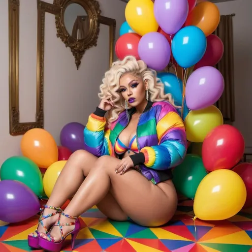 Prompt: Rainbow medusa microbraided blonde and rainbow hair revealing extra large cleavage full lips
with high heel shoes wearing a matching fur bomber jacket and enchanting revealing matching outfit exotic pose and a matching rainbow checkered floor designer balloons
