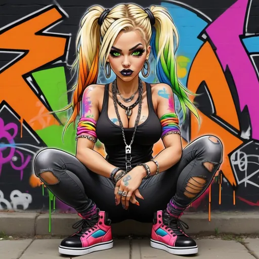Prompt: A gangster phsyco ghetto cartoon characture blonde rainbow multicolored microbraided hair female with green eyes revealing extra large cleavage spraypaint and neon orange green yellow pink red blue purple multicolored graffiti outfit and shoes gothic punk steam punk emo exotic classy gangster stylish original graffiti tech touch graffitti backround 
