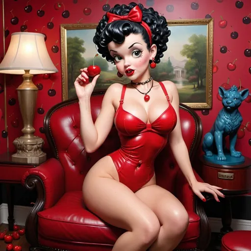 Prompt: Human Betty boop hip-hop female with extra large revealing cleavage and eating a large cherry  and the room decorated desifned cherries room with statues of cherries also furniture a cherries couch and cherries wallpaper 