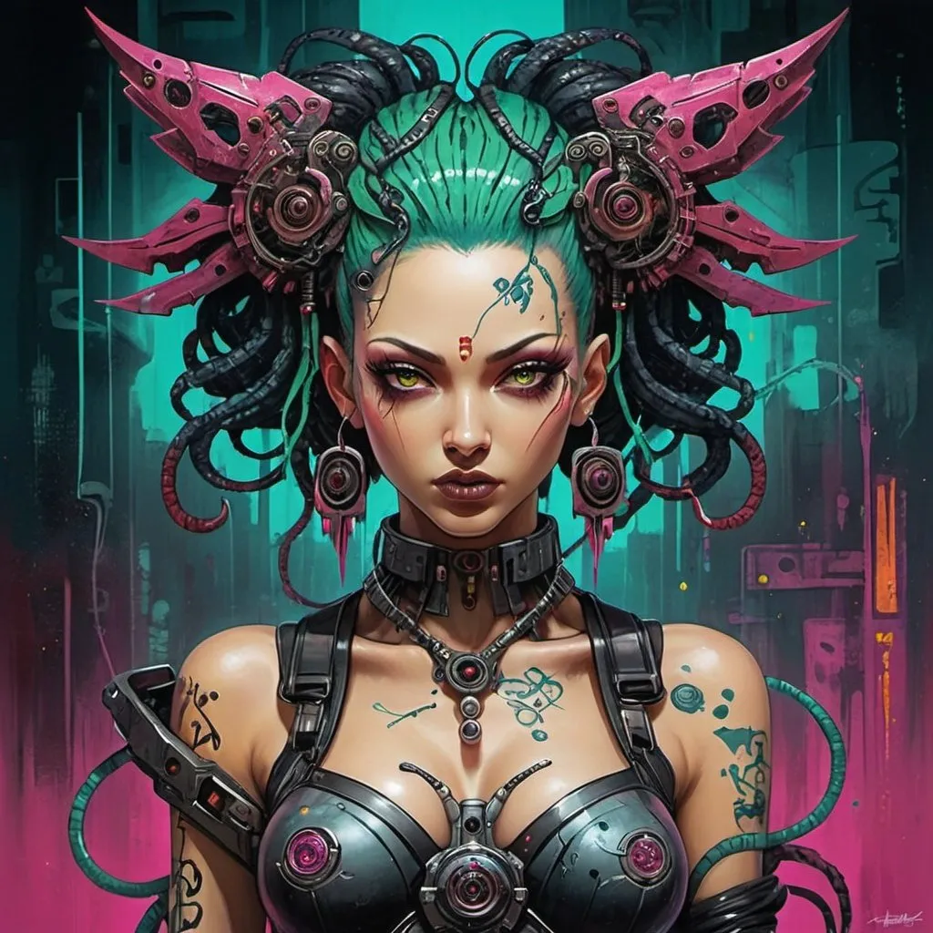 Prompt: Sedusa Adornment graffiti art print cyberpunk 
