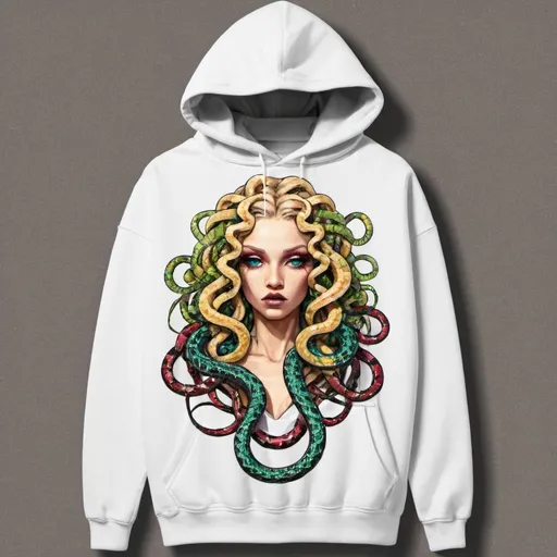 Prompt: Graffit medusa microbraided blonde long multicolored snake hair catoon print charachter on a hoodie - sedusa adornment