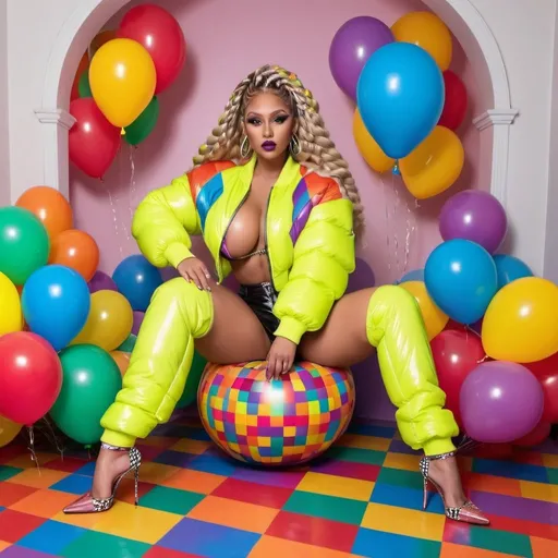 Prompt: Blonde Rainbow medusa microbraided blonde rainbow neon long designer hair revealing extra large cleavage full lips
with high heel shoes wearing a matching fur bomber jacket and enchanting revealing matching outfit exotic pose and a matching rainbow checkered floor designer balloons
