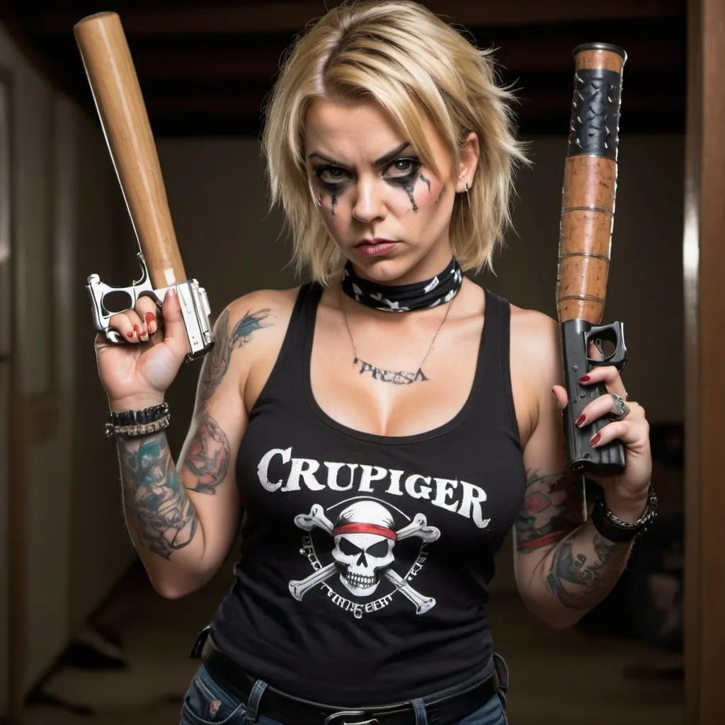 Prompt: Blonde female showing cleavage and tattoos wearing a black tank top and black and white bandana over the bottom half of her face  a hand gun, a spiked baseball bat a 
Presa canario Freddy cruger, chucky  and jason  