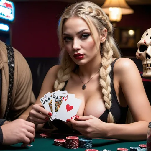 Prompt: Blonde long microbraided hair female full lips  revealing large cleavage playing poker with Freddy and jason