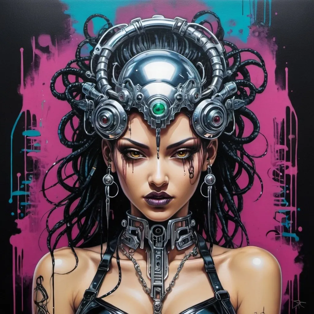 Prompt: Sedusa Adornment graffiti art print cyberpunk chrome 
