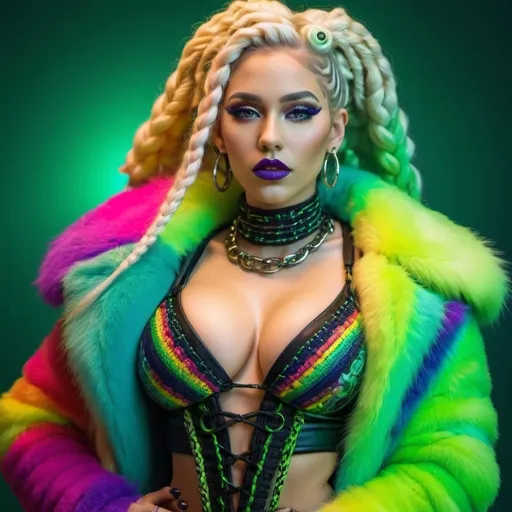 Prompt: Neon cyberpunk medusa microbraided blonde and rainbow hair revealing extra large cleavage full lips
with high heel shoes wearing a matching fur coat and enchanting revealing matching outfit exotic pose on a solid green backround