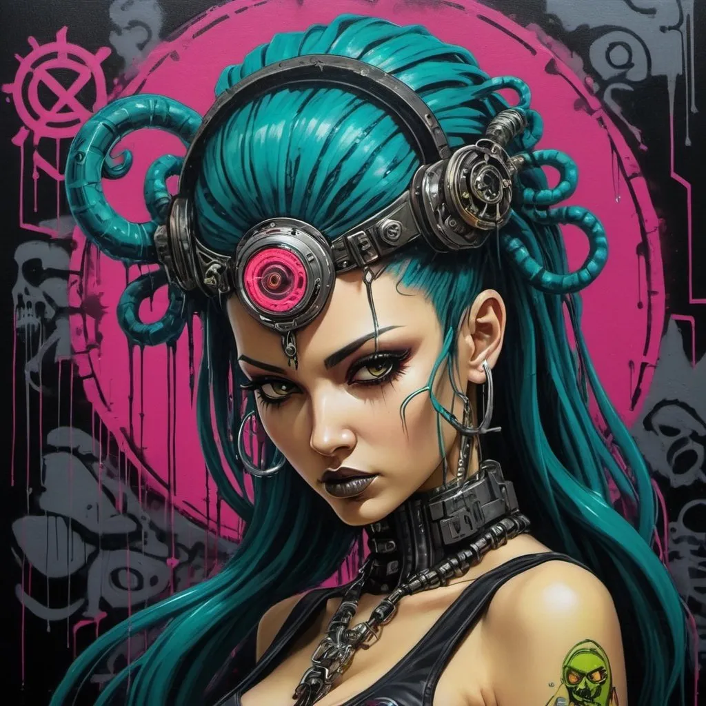 Prompt: Sedusa Adornment graffiti art print cyberpunk 
