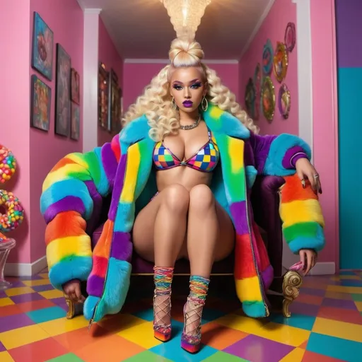 Prompt: Rainbow medusa microbraided blonde and rainbow hair revealing extra large cleavage full lips
with high heel shoes wearing a matching fur bomber jacket and enchanting revealing matching outfit exotic pose and a matching rainbow checkered floor designer candy pops
