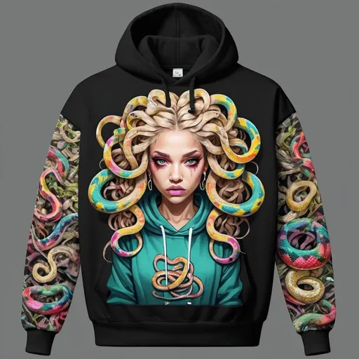 Prompt: Graffit medusa microbraided blonde long multicolored snake hair catoon print charachter on a hoodie - sedusa adornment