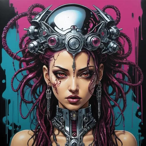 Prompt: Sedusa Adornment graffiti art print cyberpunk chrome 
