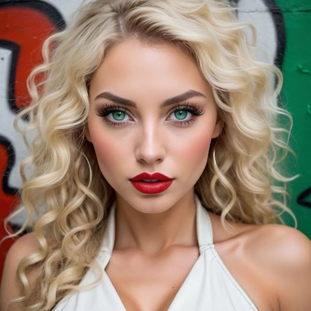 Prompt: Green eyes blonde long extra volume long full curly wavey hair full red lips revealing large cleavage tight white leather wrap around revealing round face countour graffiti make up false eyelashes bold designer