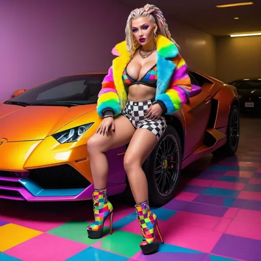 Prompt: Neon cyberpunk medusa microbraided blonde and rainbow hair revealing extra large cleavage full lips
with high heel shoes wearing a matching fur bomber jacket and enchanting revealing matching outfit exotic pose  and a matching rainbow checkered floor driving a lambo
