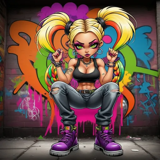 Prompt: A gangster ghetto cartoon characture blonde rainbow multicolored microbraided hair female with green eyes revealing extra large cleavage spraypaint and neon purple green yellow pink red blue orange multicolored graffiti outfit and shoes gothic punk steam punk emo exotic classy gangster stylish original graffiti tech touch graffitti backround 
