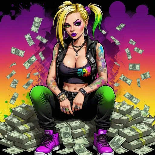 Prompt: A thug ghetto blonde cartoon characture rainbow multicolored microbraided hair female with green eyes revealing extra large cleavage  money dollar bills guns bullets spraypaint and neon purple green yellow pink multicolored graffiti outfit and shoes gothic punk steam punk emo exotic classy gangster stylish original graffiti tech touch graffitti backround 
