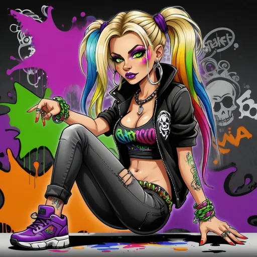 Prompt: A gangster phsyco ghetto cartoon characture blonde rainbow multicolored microbraided hair female with green eyes revealing extra large cleavage spraypaint and neon purple green yellow pink red blue orange multicolored graffiti outfit and shoes gothic punk steam punk emo exotic classy gangster stylish original graffiti tech touch graffitti backround 
