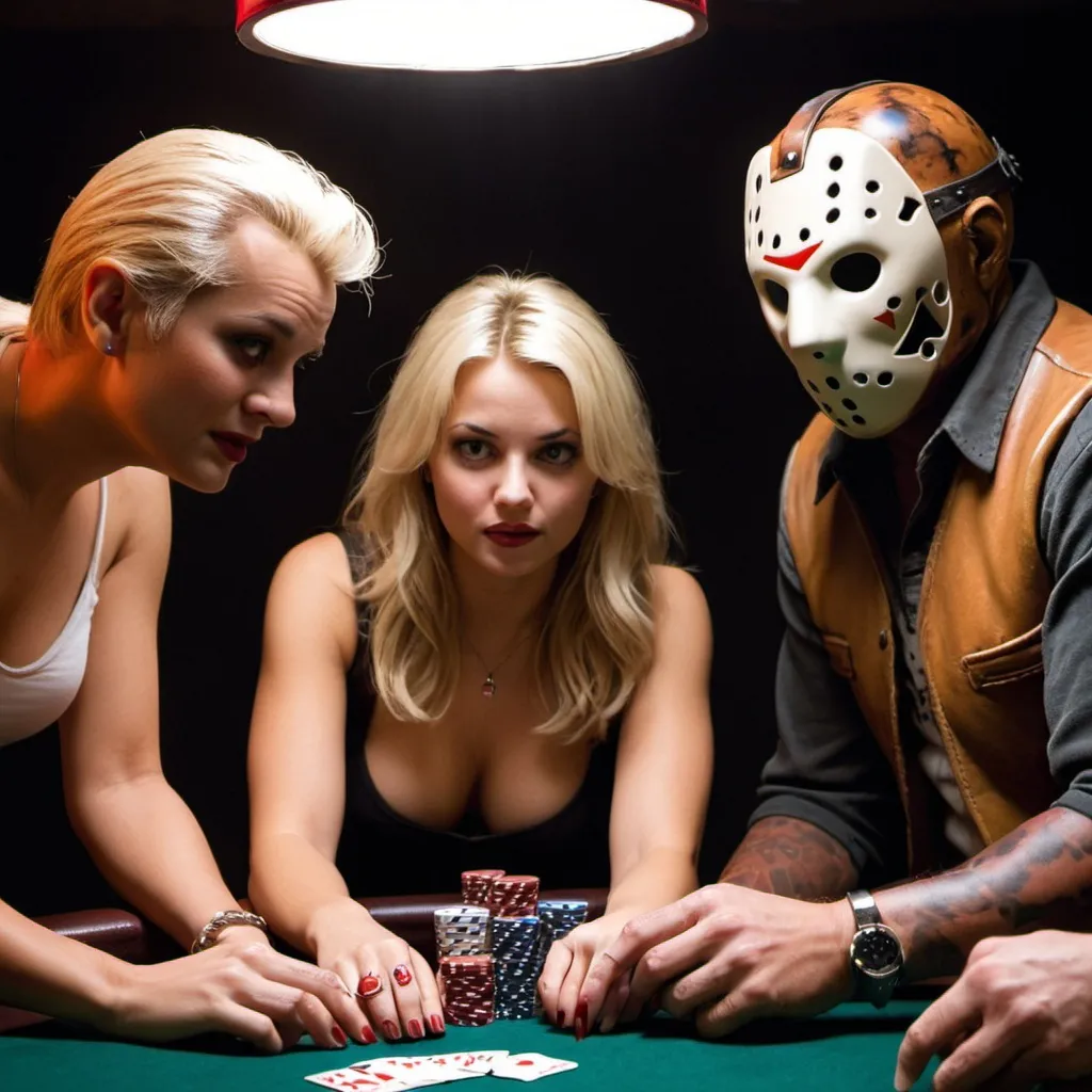 Prompt: Blonde female playing poker with Freddy and jason