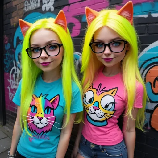 Prompt: Cartoon attitude  characture graffitti blonde neon rainbow long hair the Chester cat and Alice  