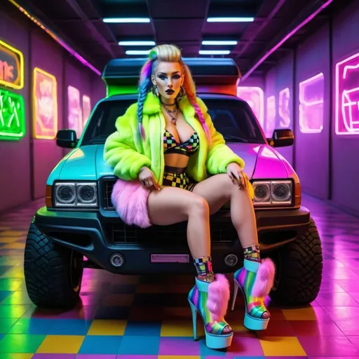 Prompt: Neon cyberpunk medusa microbraided blonde and rainbow hair revealing extra large cleavage full lips
with high heel shoes wearing a matching fur bomber jacket and enchanting revealing matching outfit exotic pose  and a matching rainbow checkered floor driving a cybertruck
