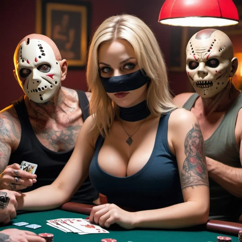 Prompt: Blonde female wearing a balaclava and a tanktop wirh cleavage and tattoos playing poker with Freddy cruger, chucky and jason