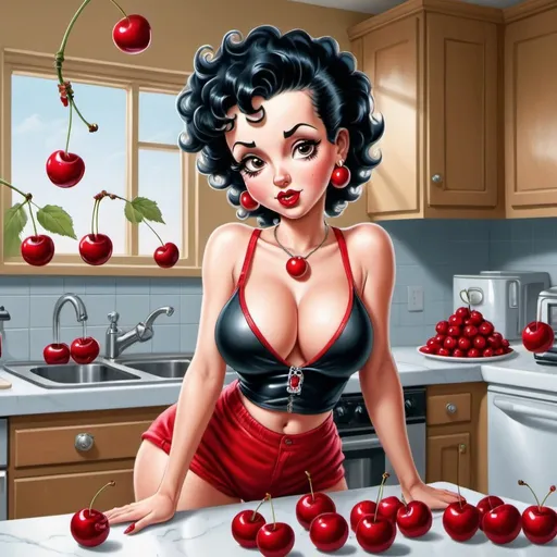 Prompt: Betty boop hip-hop female with extra large revealing cleavage and in a cherries decorated kitchen 