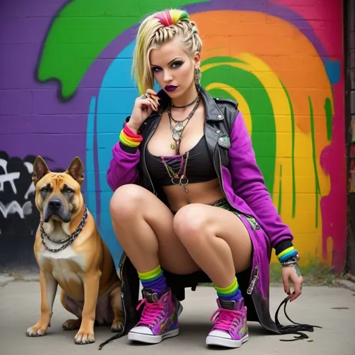 Prompt: A gangster ghetto blonde rainbow multicolored microbraided hair female catroon charachture with green eyes revealing extra large cleavage  a presa canario dog spraypaint and neon purple green yellow pink red blue orange multicolored graffiti outfit and shoes gothic punk steam punk emo exotic classy gangster stylish original graffiti tech touch graffitti backround 
