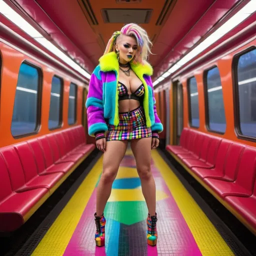 Prompt: Neon cyberpunk medusa microbraided blonde and rainbow hair revealing extra large cleavage full lips
with high heel shoes wearing a matching fur bomber jacket and enchanting revealing matching outfit exotic pose  and a matching rainbow checkered floor riding a train
