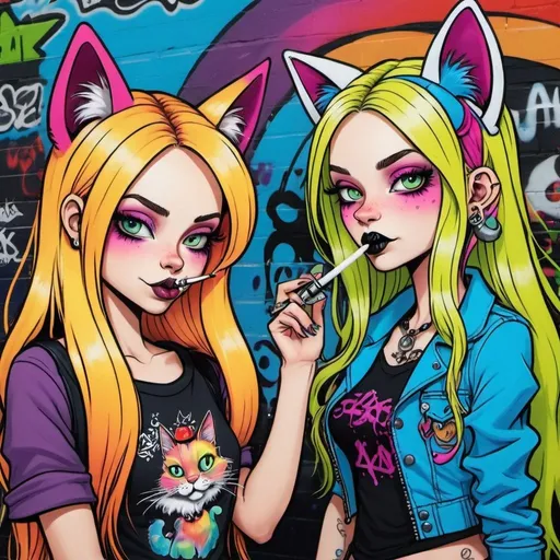 Prompt: Cartoon attitude  characture graffitti blonde neon rainbow long hair the Chester cat and Alice smoking a bong gothic piercings 