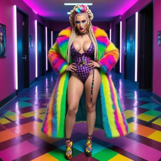 Prompt: Neon cyberpunk medusa microbraided blonde and rainbow hair revealing extra large cleavage full lips
with high heel shoes wearing a matching fur coat and enchanting revealing matching outfit exotic pose  and a matching rainbow checkered floor 
