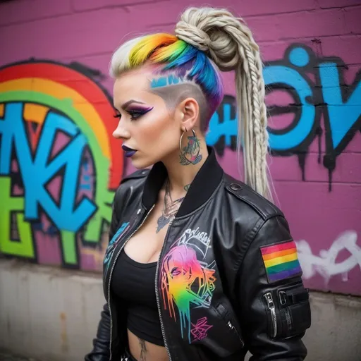 Prompt: Rainbow neon Blonde microbraided updo really long hair rainbow hair some hanging down messy bun style leprachaun revealing extra large cleavage full lips bold make up tattoos wearing exotic graffii leather with leather bold graffiti design bomber jacket medusa graffiti outfit cyberpunk  thigh higheel graffiti leather boots bold graffiti