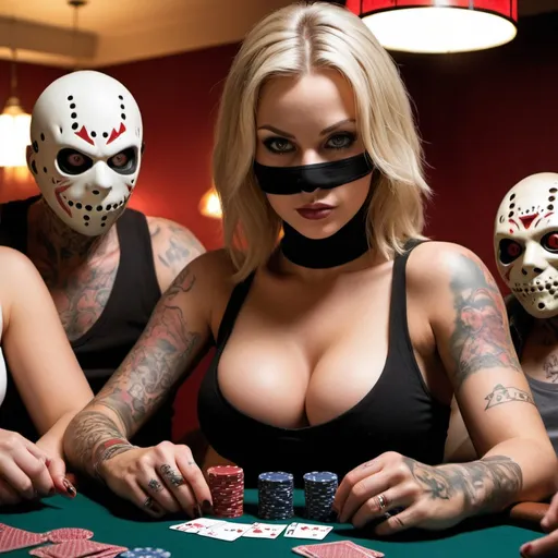 Prompt: Blonde female wearing a balaclava and a tanktop wirh cleavage and tattoos playing poker with Freddy cruger, chucky  and jason