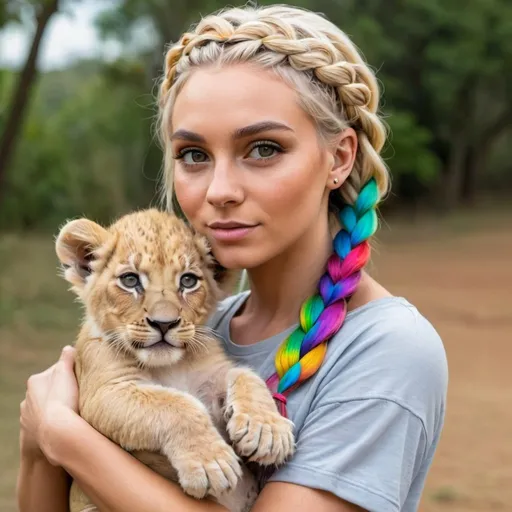 Prompt: Blonde female with rainbow micro braided hair holding a baby lion in her arms