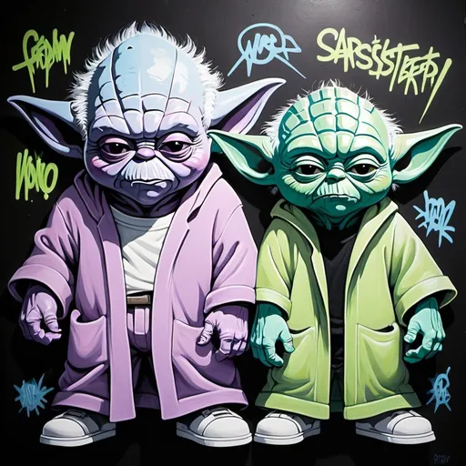 Prompt: Pastel purple whote and pastel green pastel blue graffiti charachters on a black wall backround freddy crugar and jason muscular yoda gangsters extrsterestrial being pastel colored 