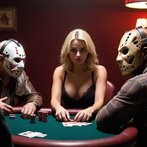 Prompt: Blonde female playing poker with Freddy and jason