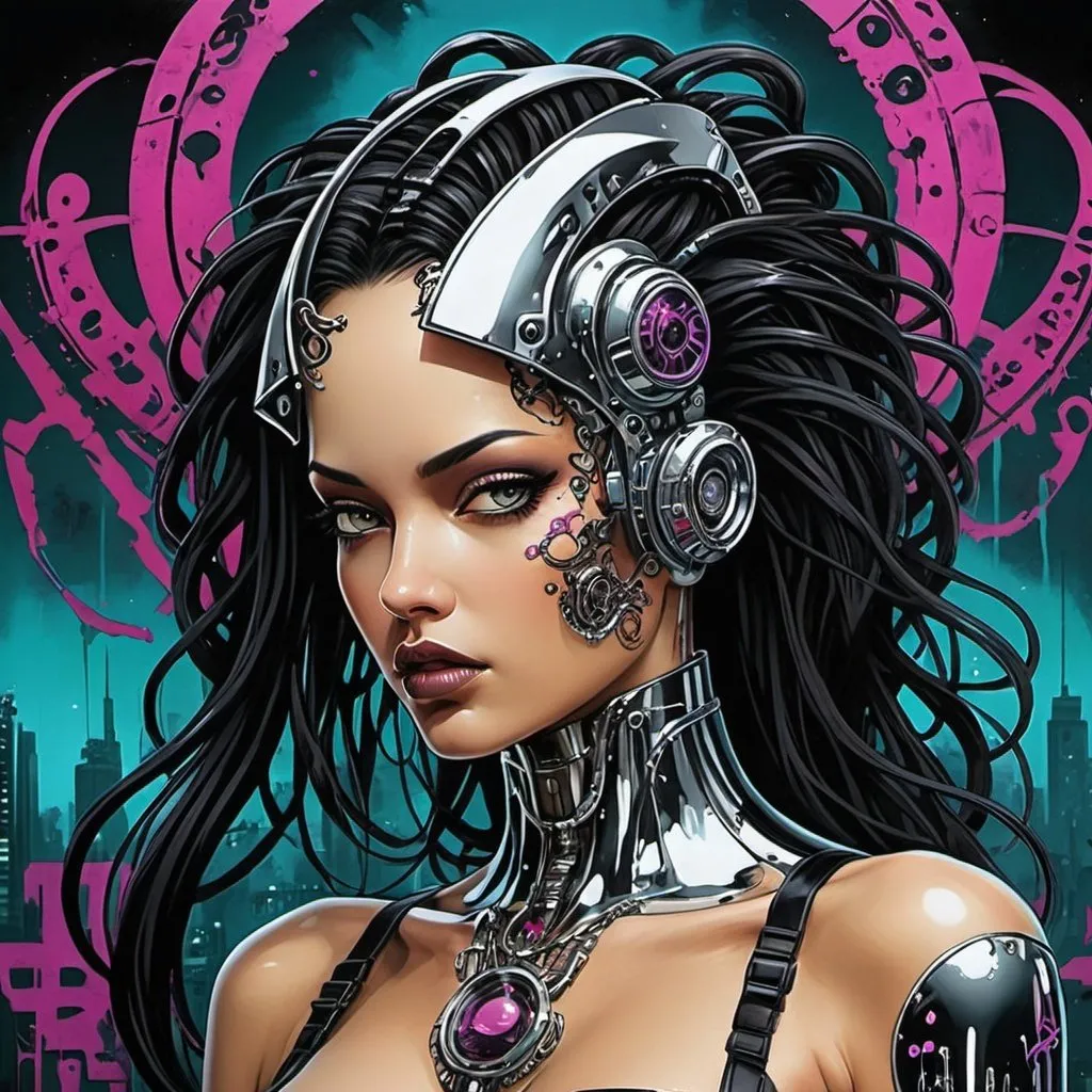 Prompt: Sedusa Adornment graffiti art print cyberpunk chrome 
