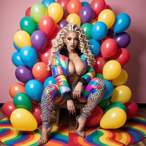 Prompt: Rainbow medusa microbraided blonde rainbow long designer hair revealing extra large cleavage full lips
with high heel shoes wearing a matching fur bomber jacket and enchanting revealing matching outfit exotic pose and a matching rainbow checkered floor designer balloons
