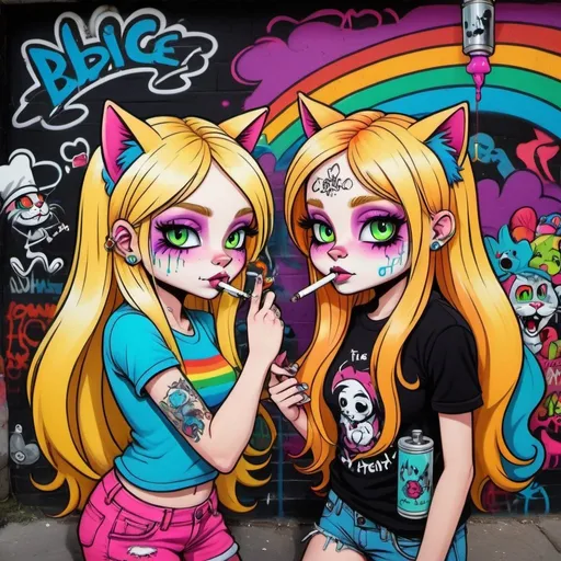 Prompt: Cartoon attitude  characture graffitti blonde neon rainbow long hair the Chester cat and Alice smoking a bong gothic piercings 