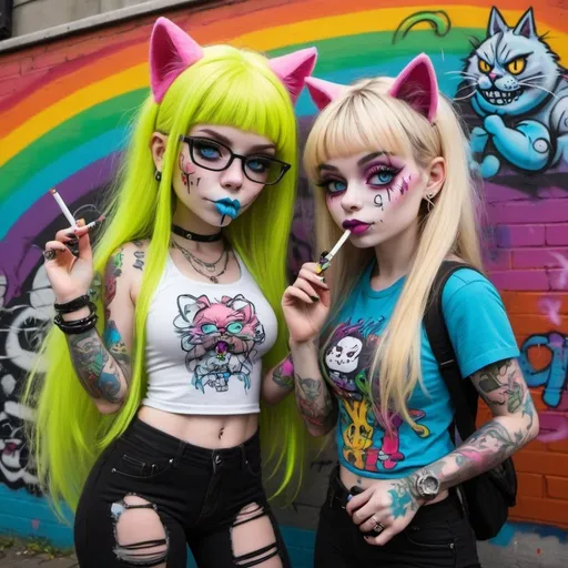 Prompt: Cartoon attitude  characture graffitti blonde neon rainbow long hair the Chester cat and Alice smoking a bong gothic piercings 