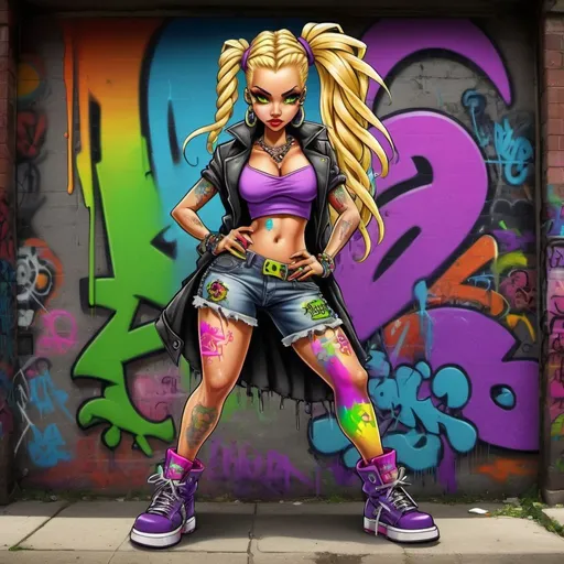 Prompt: A gangster ghetto cartoon characture blonde rainbow multicolored microbraided hair female with green eyes revealing extra large cleavage spraypaint and neon purple green yellow pink red blue orange multicolored graffiti outfit and shoes gothic punk steam punk emo exotic classy gangster stylish original graffiti tech touch graffitti backround 
