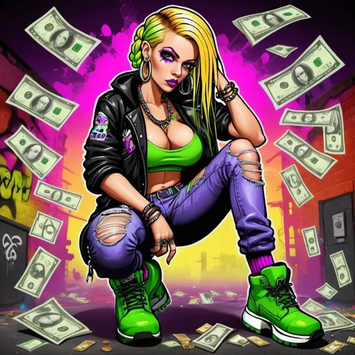 Prompt: A thug ghetto blonde cartoon characture rainbow multicolored microbraided hair female with green eyes revealing extra large cleavage  money dollar bills guns bullets spraypaint and neon purple green yellow pink multicolored graffiti outfit and shoes gothic punk steam punk emo exotic classy gangster stylish original graffiti tech touch graffitti backround 
