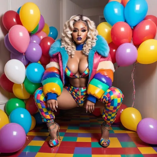 Prompt: Rainbow medusa microbraided blonde and rainbow hair revealing extra large cleavage full lips
with high heel shoes wearing a matching fur bomber jacket and enchanting revealing matching outfit exotic pose and a matching rainbow checkered floor chrome balloons
