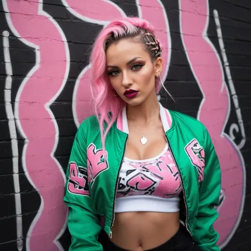 Prompt: Red full lips pastel multicolored microbraided hair green eyes revealing cleavage wearing a pink and white graffitti printed crop top  and sedusa bomber jacket i front of a black wall backround - sedusa adornment